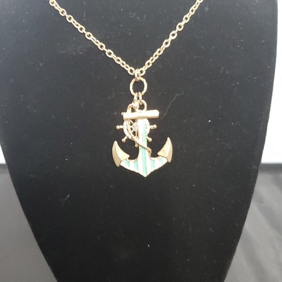 Euc Blue and White Enamel Anchor and Rhinestone Wheel in Gold Tone Setting Chain - Picture 2 of 7